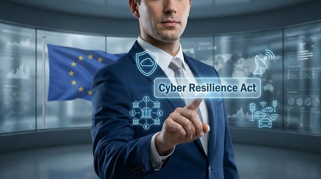 Man in blue suit activates Cyber Resilience Act interface with finger in modern European office setting with futuristic background.