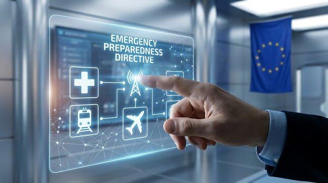 Person interacting with emergency directive screen in a modern office setting with European flag