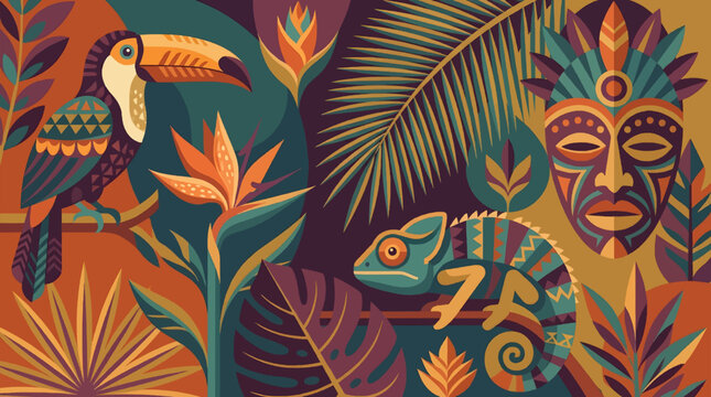 Vibrant flat design illustration of a tropical jungle with a toucan, chameleon, exotic flowers, and tribal masks, rich in colorful patterns and motifs.