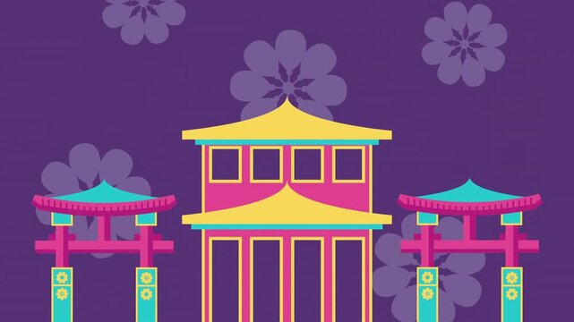 Asian temple animation featuring colorful shrines and traditional torii gates against a purple sky with rotating flowers.