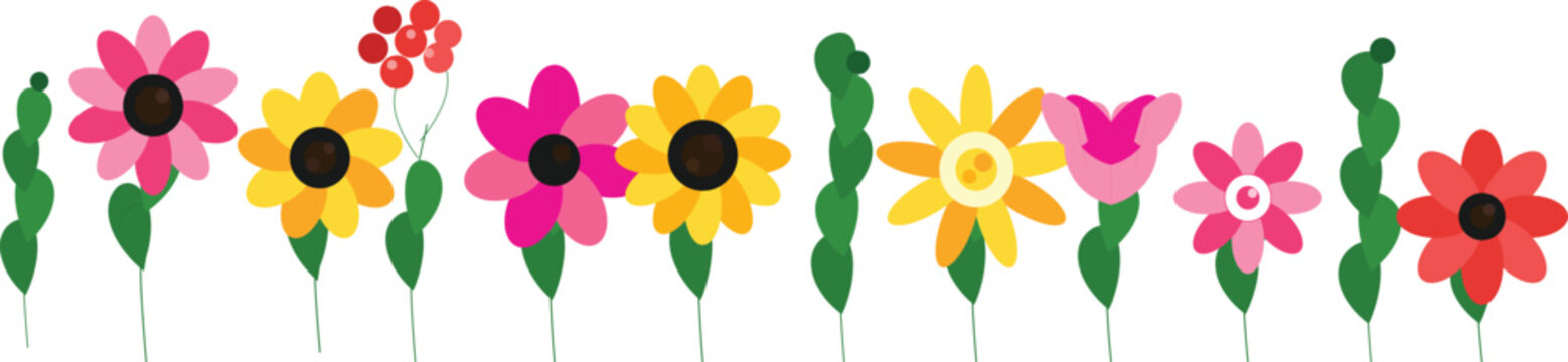 Colorful floral border vector, vibrant spring flower garden horizontal banner, flat style botanical illustration with pink and yellow blossoms