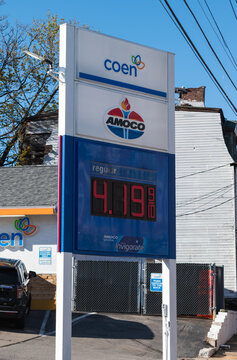 April 11, 2026 - Pittsburgh, Pennsylvania, USA - Local gasoline price sign at a fuel station showing rising fuel costs