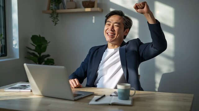 自宅書斎でリモートワーク中に良い知らせを受けガッツポーズする40代日本人男性