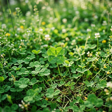 Close-up of a rare four-leaf clover standing out in a lush green meadow, a universal symbol of good luck and fortune.