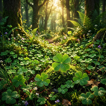 Close-up of a rare four-leaf clover standing out in a lush green meadow, a universal symbol of good luck and fortune.