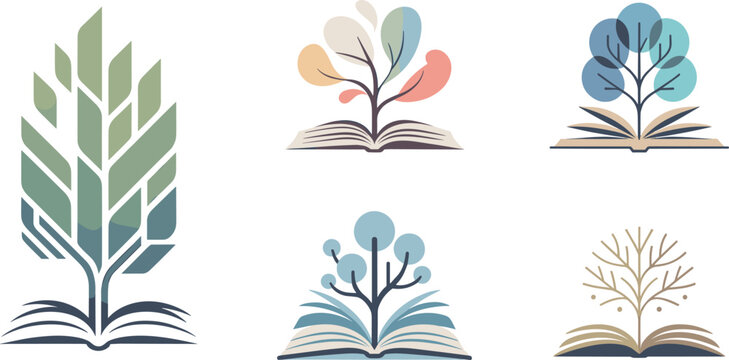 Open Book Tree Vector Collection with Education Learning Knowledge Growth and Nature Illustration Design