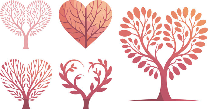 Romantic Heart Shaped Tree Vector Collection with Love Nature Floral Branch Design Illustration