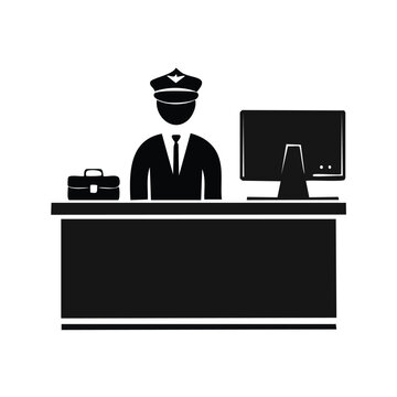 Silhouettes of security guard or officer at desk with monitor and briefcase vector icon, silhouette
