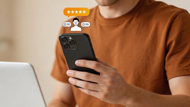 Customer review rating on smartphone screen, five stars feedback, user satisfaction survey, mobile app evaluation, social media comment bubble icon