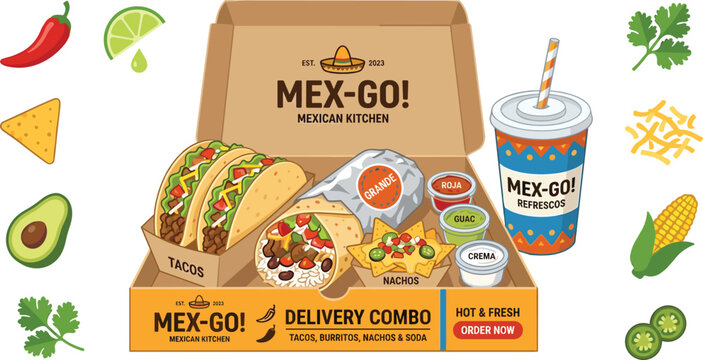 Mexican food delivery combo box vector illustration with tacos burritos nachos sauces soda drink and fresh ingredients set