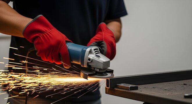 Man in red gloves grinding metal.