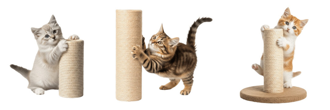 Domestic Tabby Cat Using Scratching Post PNG Isolated on Transparent Background for Pet Supply Veterinary Care Graphic Design
