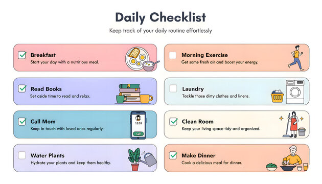 Vector checklist with checkboxes, task icons, and subtle light shadow, ideal for planners and productivity apps. Editable elements for quick reuse.