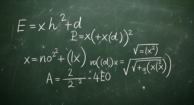 Mathematical equations on chalkboard background.