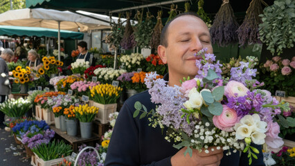 Fototapeta premium Flower market, man, bouquet, smelling, eyes, closed