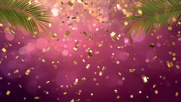 Golden palm leaves and falling confetti on pink bokeh background