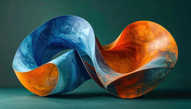 Sculptural Mobius strip, divided between warm orange and cool blue colors, on teal backdrop
