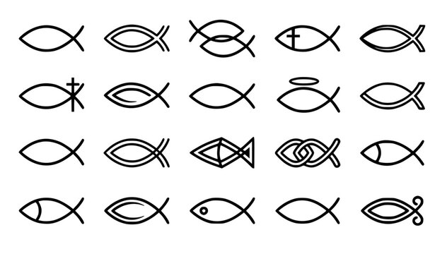 A clean minimal vector illustration set of Christian fish symbols displayed in a balanced grid on a solid white background. The collection includes Ichthys fish symbols, cross and fish combinations, C