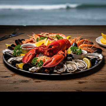 A Variety of Fresh Seafood Including Red Snapper, Crab, Oysters and Shrimps on an Ice Bed