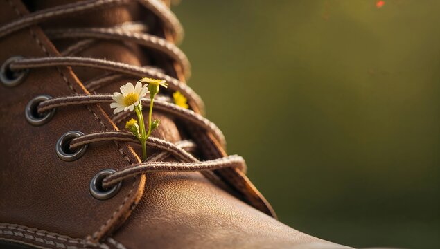 Close up of delicate wildflowers tucked in brown leather boot laces