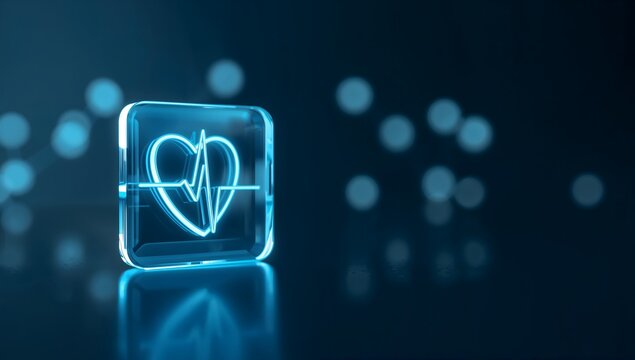 Glowing blue neon heart rate monitor icon on reflective surface