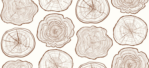 Tree trunk ring seamless pattern. Luxury wood background. Hand drawn tree ring pattern abstract trendy boundless wallpaper. Endless design for paper print, fabric textile, wrapper backdrop template © neliakott