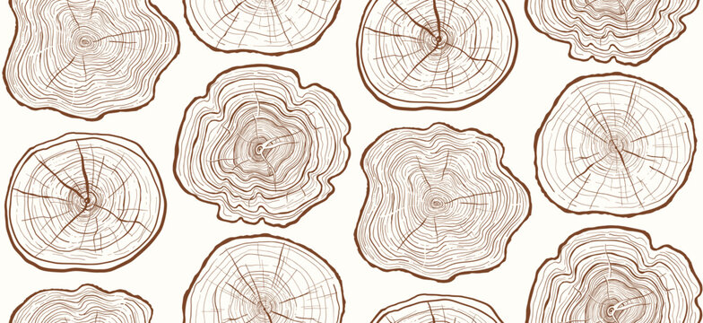 Tree trunk ring seamless pattern. Luxury wood background. Hand drawn tree ring pattern abstract trendy boundless wallpaper. Endless design for paper print, fabric textile, wrapper backdrop template