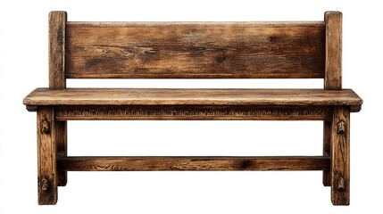 Obraz premium A rustic wooden bench with a high backrest and sturdy legs is isolated against a white background. The timber displays a weathered texture with a rich, dark brown grain and vintage finish.