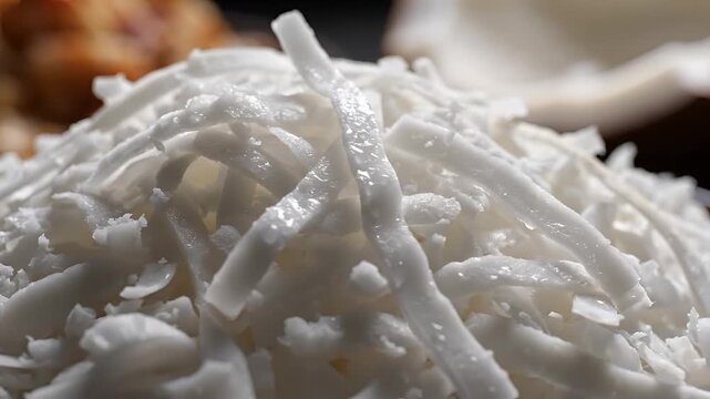 Closeup of Freshly Grated Coconut Flakes Pile Macro Shot.