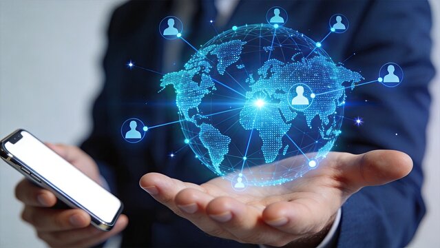 Global network connectivity and social media concept, hand holding smartphone with holographic earth globe surrounded by user profile icons and connection lines