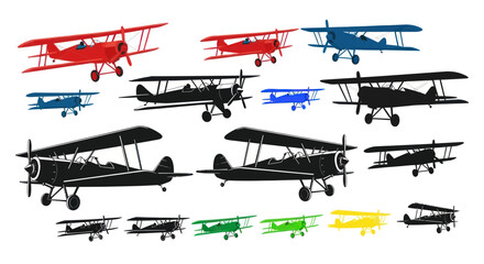 Vintage Biplanes Collection: Red, Blue, Black, Green, Yellow Silhouettes © utin