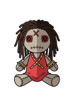 Voodoo doll vector with dreadlocks and red button eyes