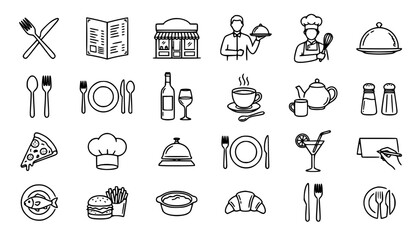 Naklejka premium A clean minimal vector illustration set of restaurant thin line icons displayed in a balanced grid on a solid white background. The collection includes spoon and fork, waiter, dish plate, restaurant t