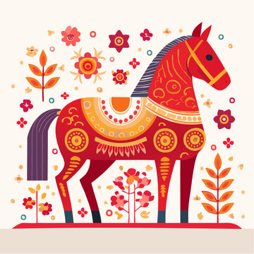 Decorative Red Horse with Folk Art Floral Motifs