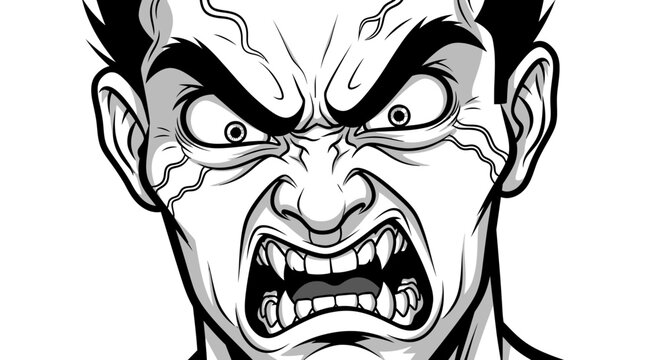 Furious Man Face With Bared Teeth and Angry Eyes, Comic Style Illustration