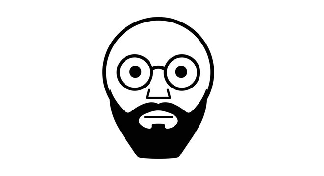 Minimalist Icon Man Portrait, Bald Head, Beard, Round Glasses, Black and White Simple Design