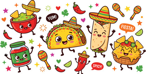 Cute Mexican food cartoon characters set with happy taco burrito nachos guacamole salsa and chili pepper vector illustration © MSTNAJMA