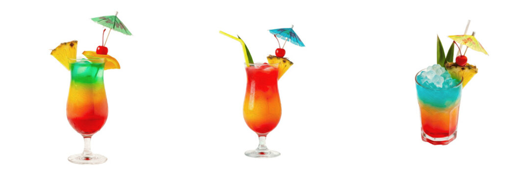 Colorful Tropical Exotic Rum Punch Cocktail Glass Layers of Juice Fruit Umbrella Garnish Summer Tiki Bar Drink Isolated Transparent PNG Elemen