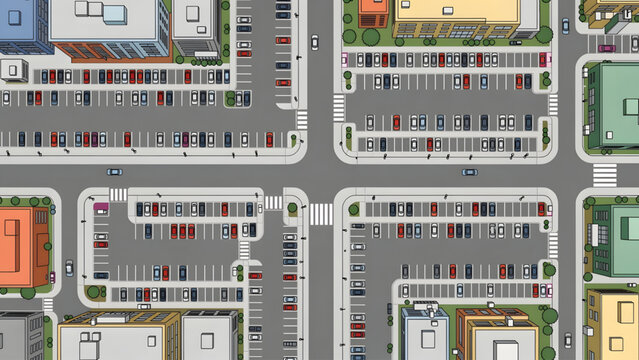 aerial view of colorful urban parking lots with cars and city buildings in grid layout