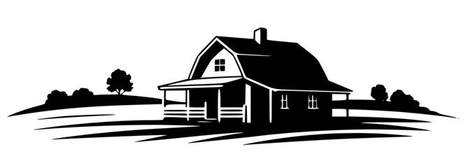 Solid black vector silhouette of a rustic farmhouse barn with a front porch situated on rural fields. Sharp, clean minimalist graphic representing countryside landscape, organic farming, agriculture,  © Suriya