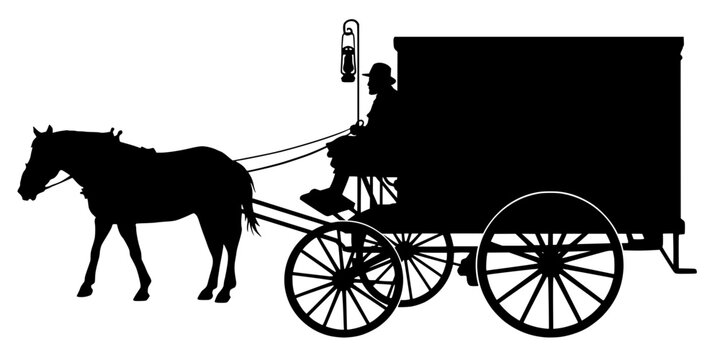 Vintage horse-drawn covered wagon carriage with driver and lantern, classic western pioneer transport bold black silhouette illustration isolated on background