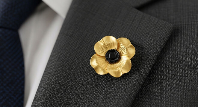 A close-up view of a golden poppy lapel pin with a black center, elegantly displayed on a dark grey suit jacket, symbolizing remembrance.