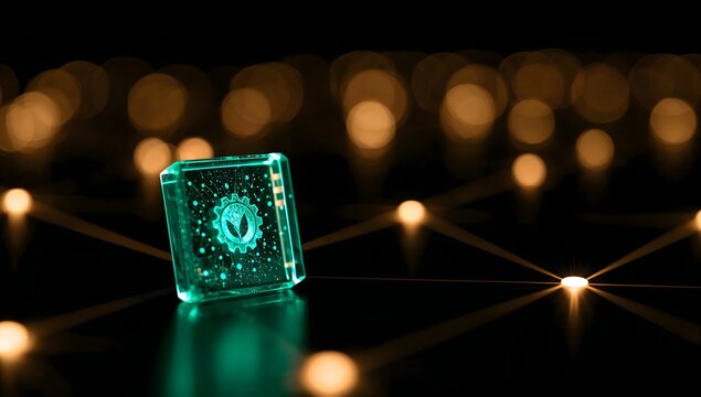 Glowing emerald microchip with eco leaf and gear in dark network