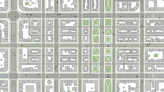 detailed city map layout with gray and green blocks road grid and parks aerial view
