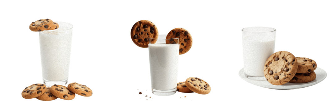 Classic Healthy Glass of Fresh White Milk and Chocolate Chip Cookies Sweet Snack Dessert Kids Breakfast Treat Isolated Transparent PNG Element