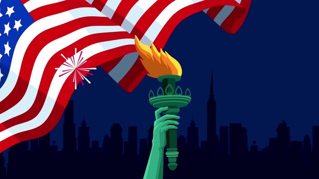 United States flag waving proudly over the Statue of Liberty torch and a cityscape silhouette with festive fireworks at night.