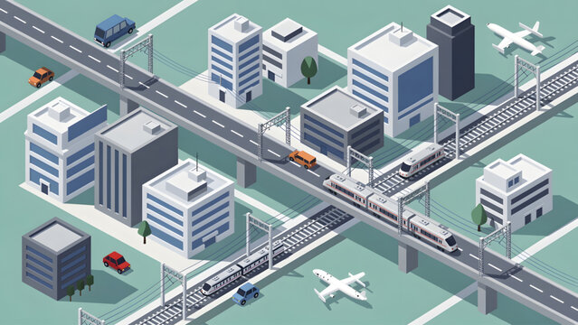 isometric cityscape with white buildings gray roads trains and airplanes urban transport scene