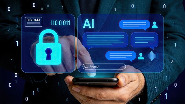 Smartphone displaying big data analytics and AI chatbot interface, cyber security lock protection, binary code background, mobile communication technology, encrypted messaging