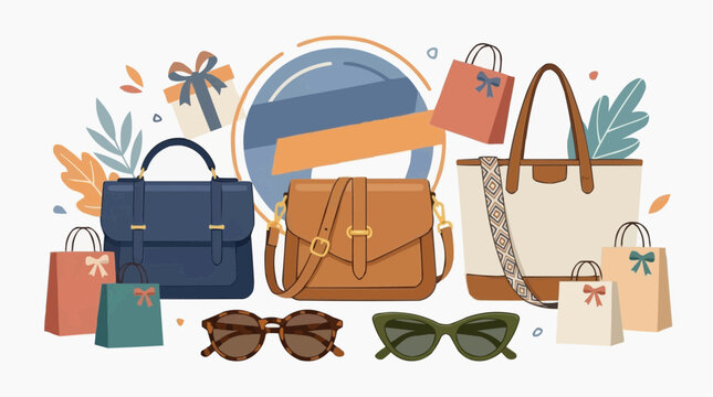 Various stylish handbags and sunglasses accessories. perfect for fashion retail advertisement or any design purposes. Isolated on white background