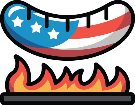 Sausage grilling with American flag design on fire during summer cookout vector illustration